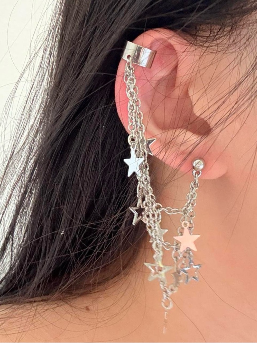 1 pair of silver tone stars and moon chain dangle ear cuff earrings